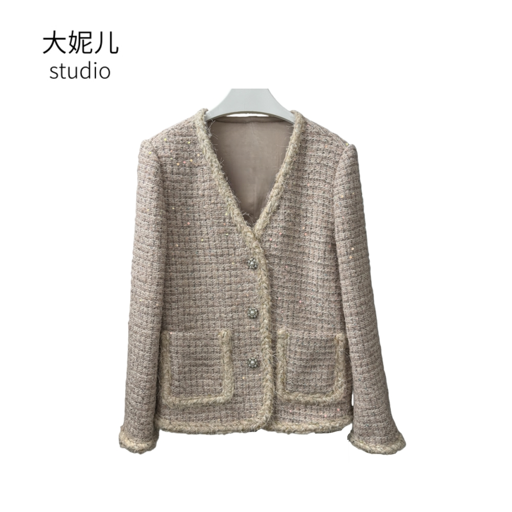 【粉黛佳人】春秋V领桃粉色轻奢时尚亮片高级感小香风外套气质减龄