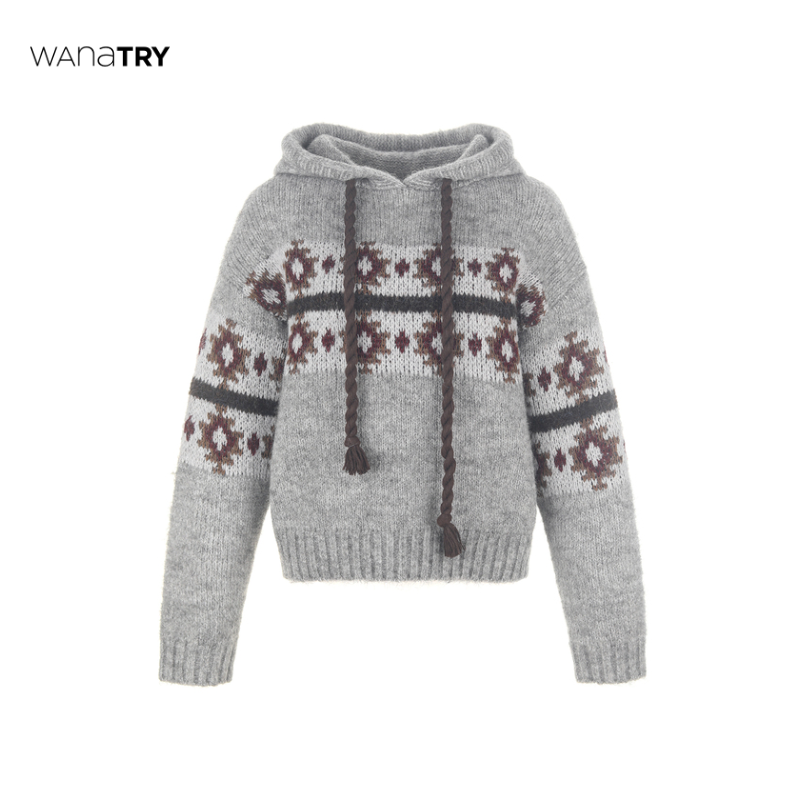 【自播专享】wana try 灰色费尔岛提花羊驼毛连帽毛衣(TM)