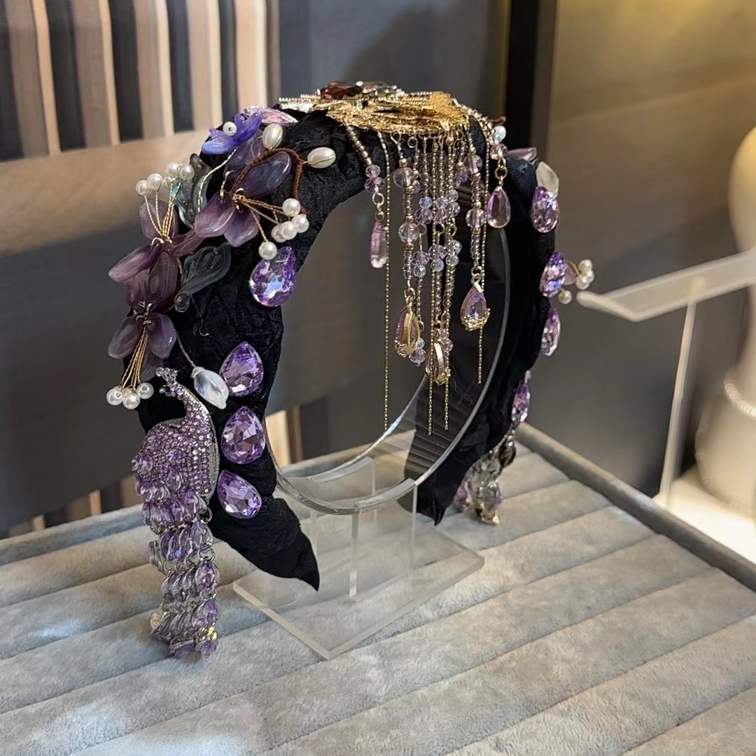 津玲【紫鹊】轻奢纯手工国风民族风重工紫色孔雀流苏水晶发饰发卡