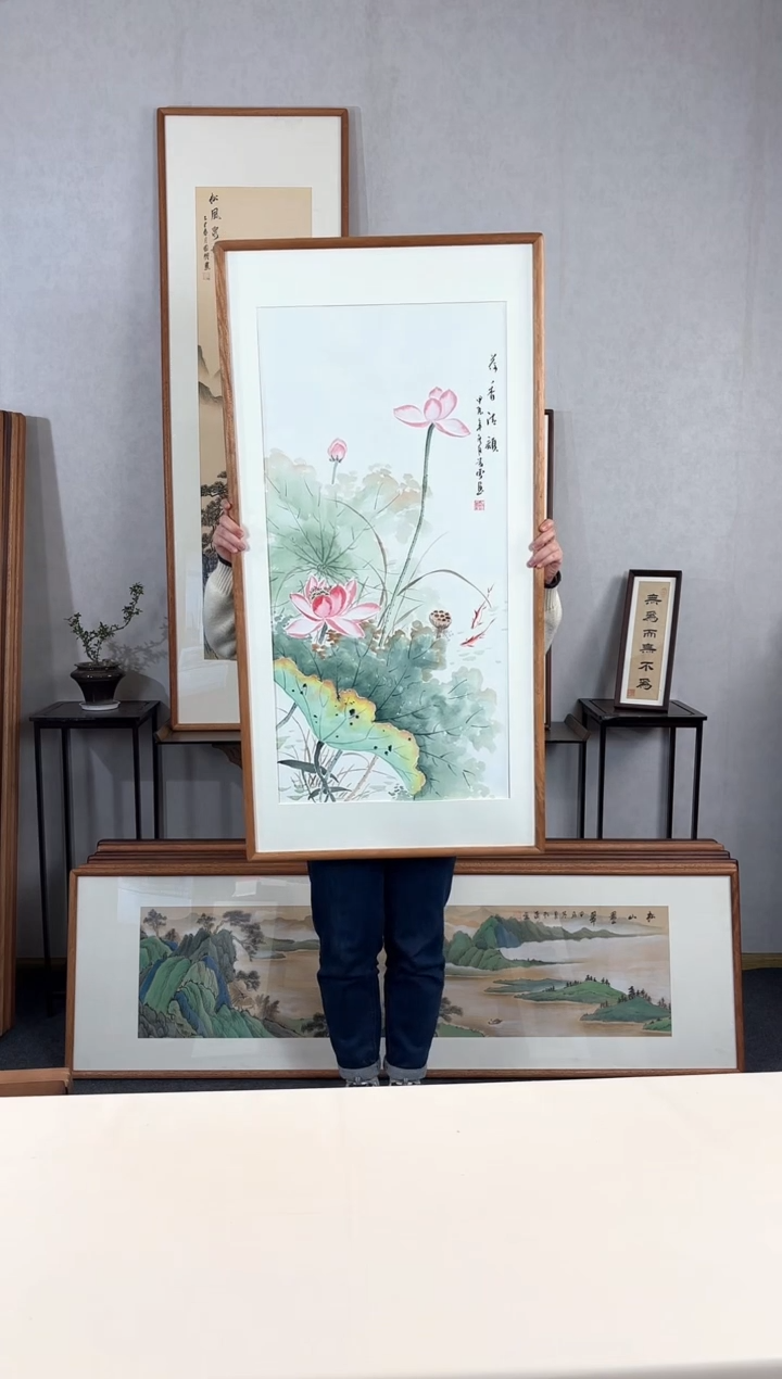 【闪购商品】国画手绘*荷香青韵*62*123cm实木框