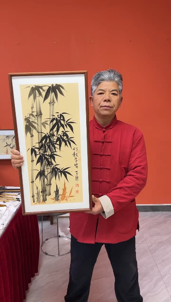 书法张富民手绘作品/竹报平安//古宣（乌檀木外框）36*69cm左右