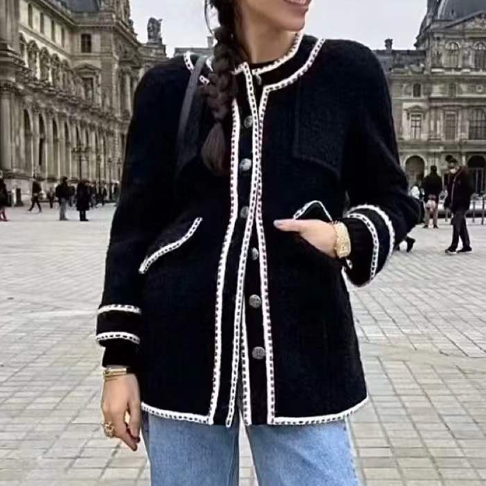 99新 Chanel/香奈儿 36码汉堡系列藏蓝色拼红白滚边长款外套