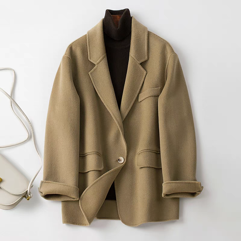 毛呢外套秋冬短款保暖百搭韩版毛呢双面羊毛呢宽松外套休闲修身