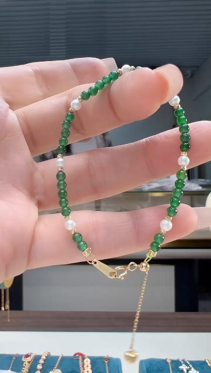 【闪购商品】翡翠手链18K金镶嵌翡翠珠串手链