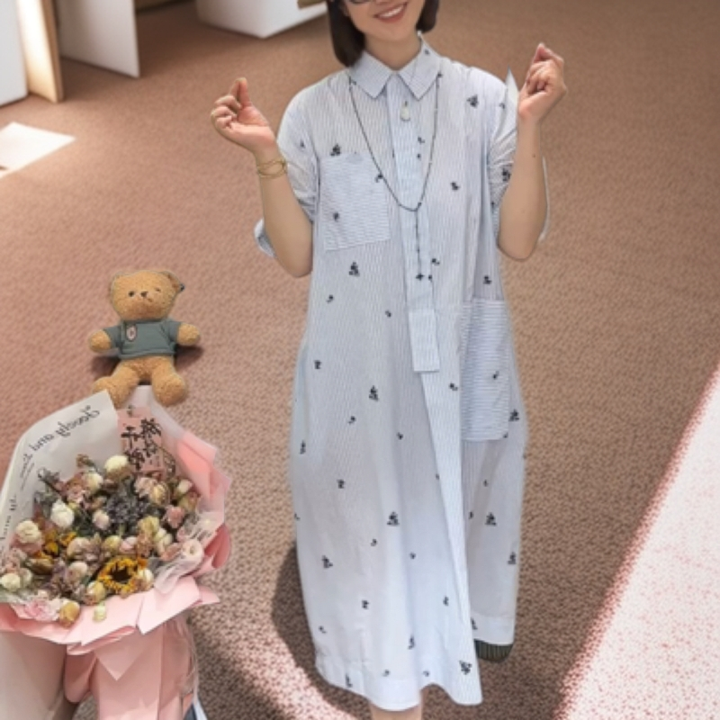 新思维原创中长款水洗棉布宽松休闲刺绣百搭连衣裙料子好舒适透气
