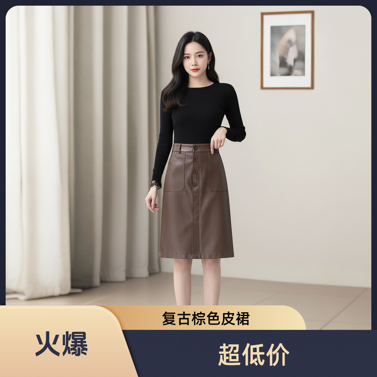 【黎诗梵】22080款时尚冬季新款半身皮裙高腰显瘦百搭PU皮中长款64