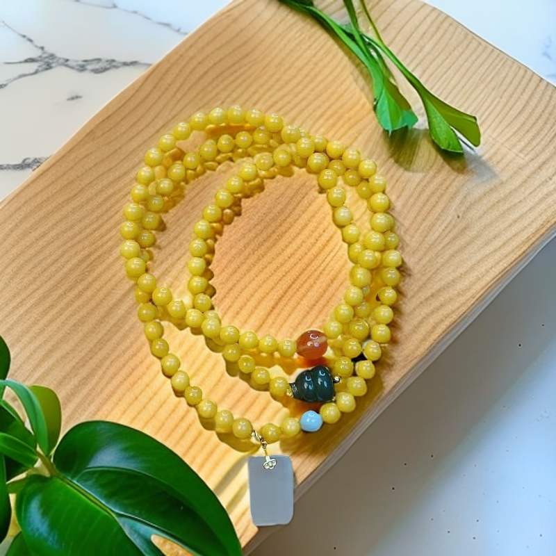 柒喜家鸡油黄满色满肉108蜜蜡老蜡项链