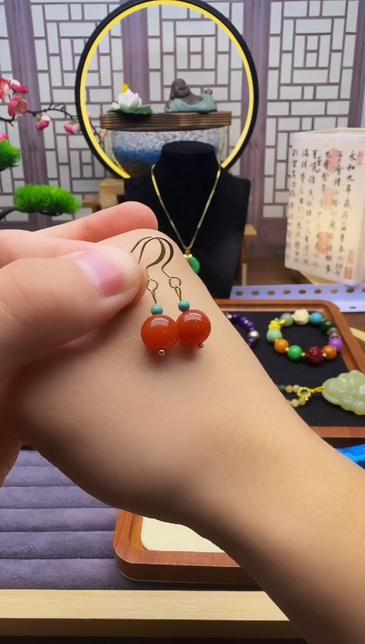 南红玛瑙14K金镶嵌耳饰E228