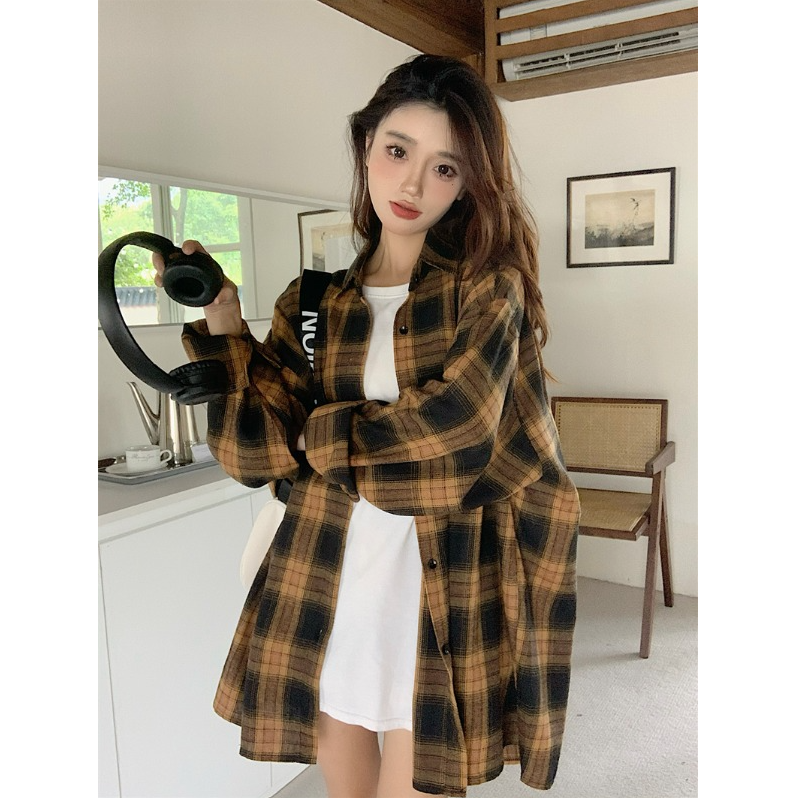 美式复古长袖衬衣宽松咖啡色别致格子衬衫外套秋季慵懒风休闲上衣