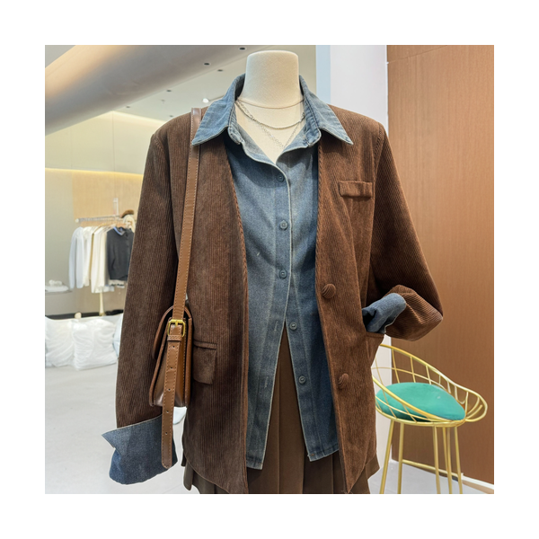 0173秋季新款假两件灯芯绒设计感西装外套宽松韩版西服上衣