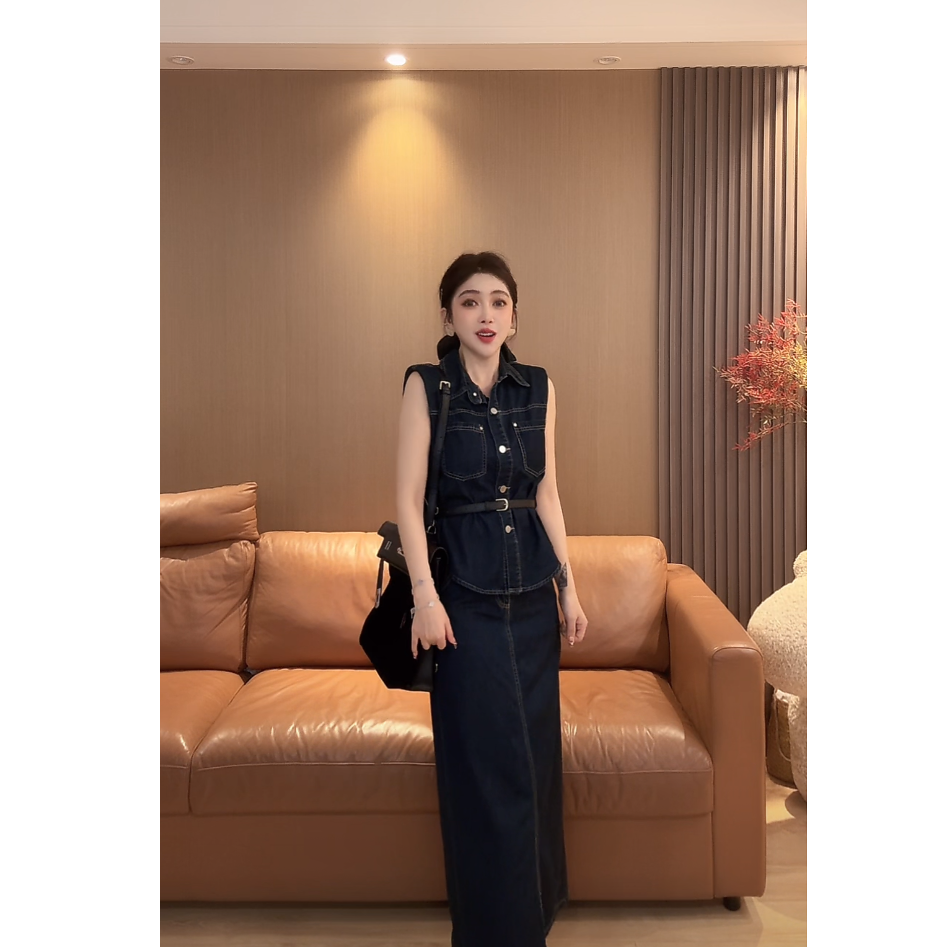 C13 时尚套装女背心牛仔马甲+高腰半身裙休闲两件套 EC1309