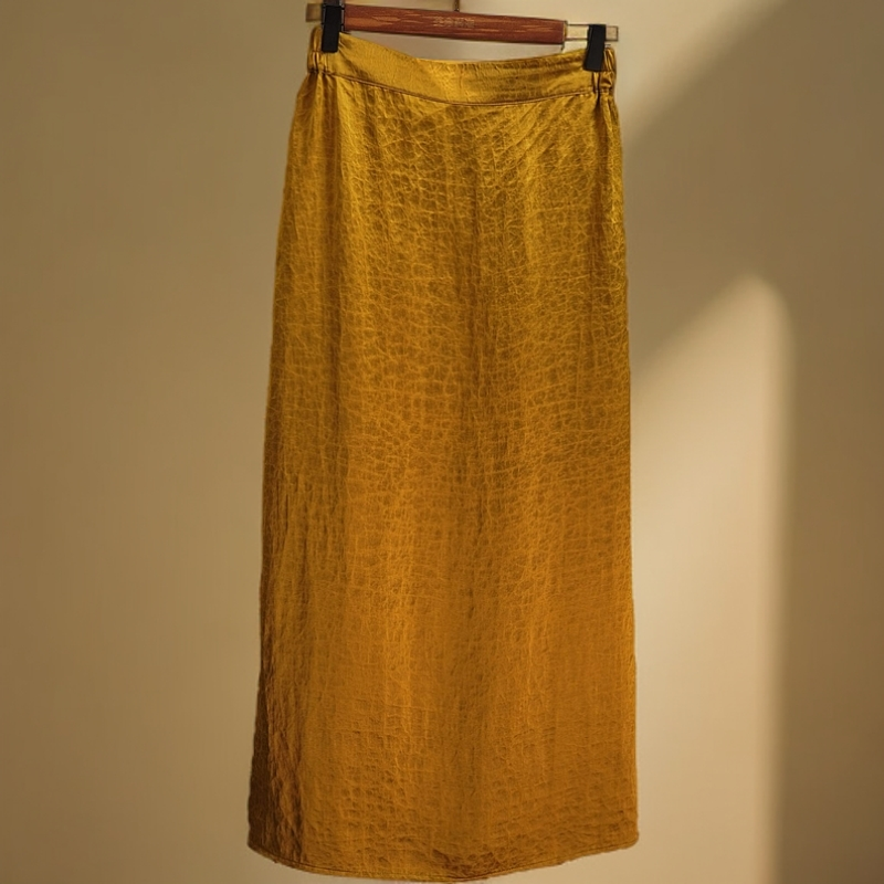 龟裂纹香云纱半裙新中式国风侧开边叉桑蚕丝高腰中长半裙