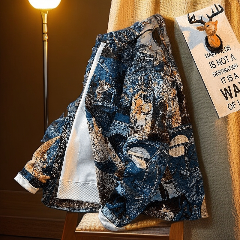 男装美式复古梵高油画衬衫长袖潮牌艺术生衬衣休闲外套洋气印花