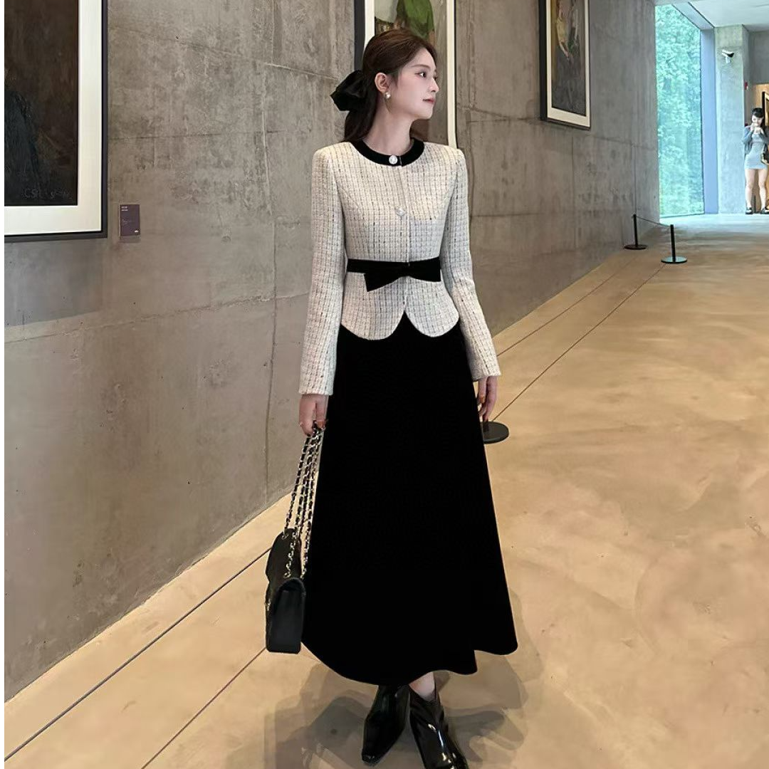 休闲风轻职风法式时尚套装拼接气质连衣裙慵懒风秋冬时尚小香风