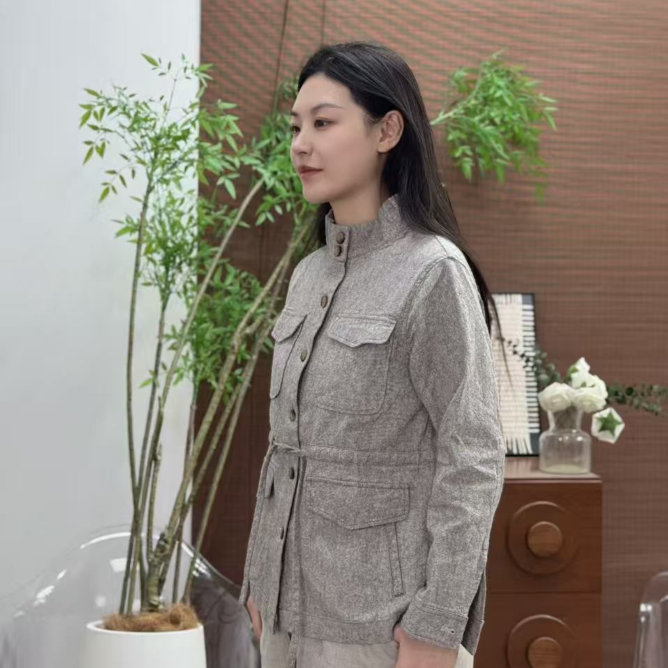 6支纯汉麻色织麻灰女士风衣短外套厚实面料可机洗防风恒温不闷汗