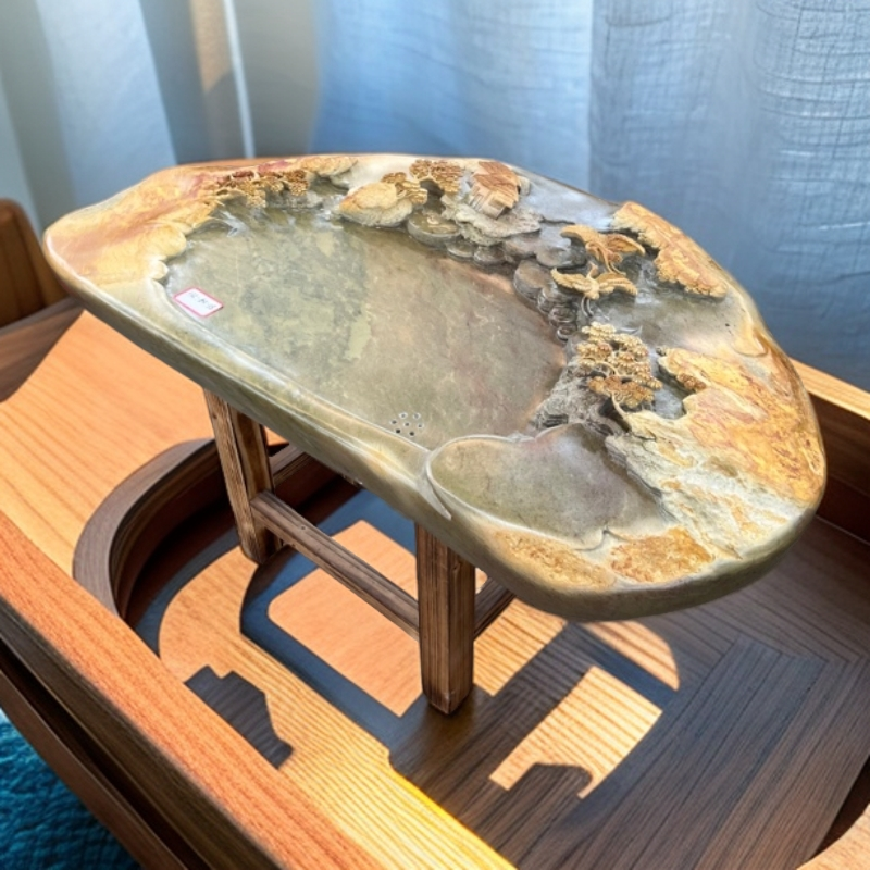 中式天然石雕茶盘大号家用客厅整块茶台手工雕刻简约山水风