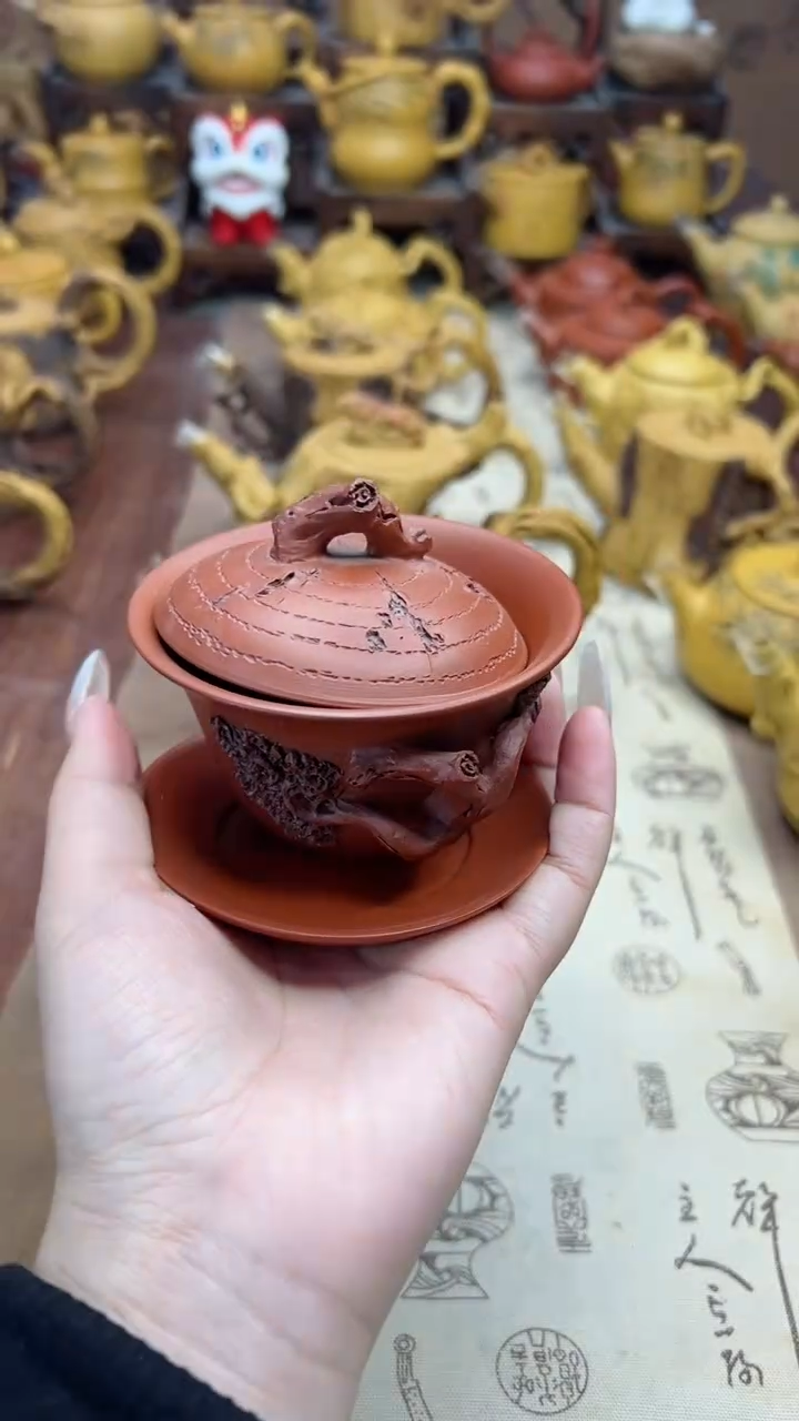 【闪购商品】紫砂茶壶浮雕朱泥盖碗