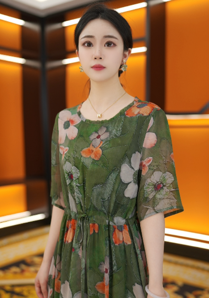 2025杭州正品夏季新款宽松遮肉过膝长裙子碎花短袖连衣裙女春