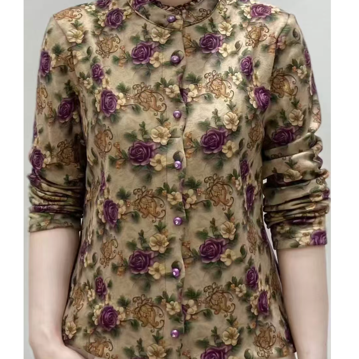 法式加绒加厚中老年女装碎花时尚开衫百搭款