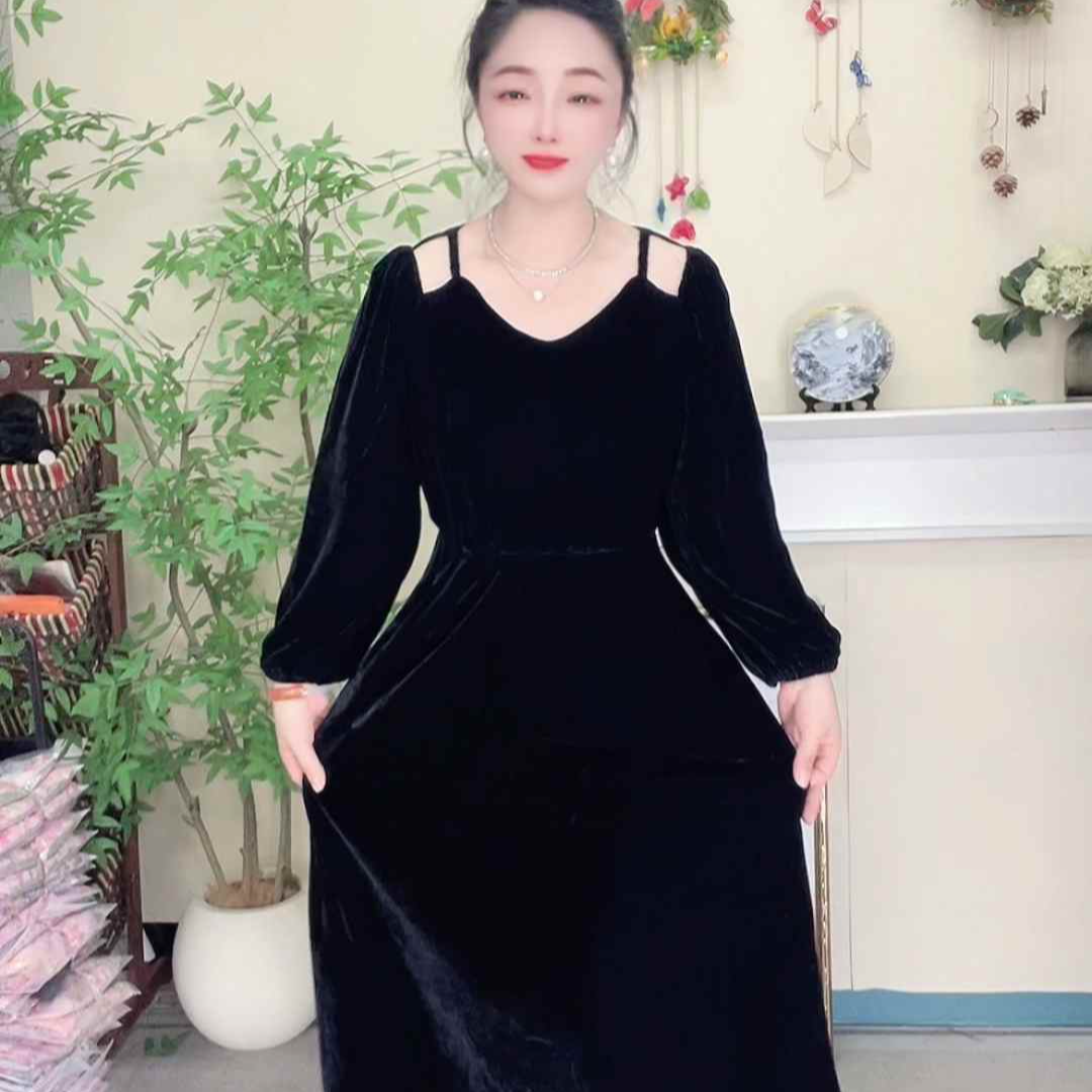 漏肩裙子新时尚定制面膜丝绒夏修身连衣裙黑色松紧腰长袖连衣裙法