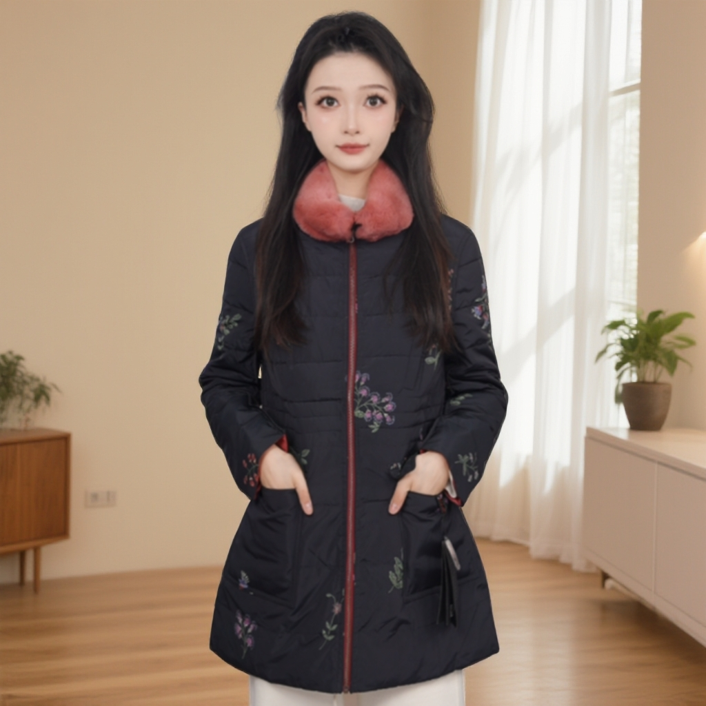 Gowani/乔万尼商场同款加厚保暖中长款毛领碎花冬季EB4T086