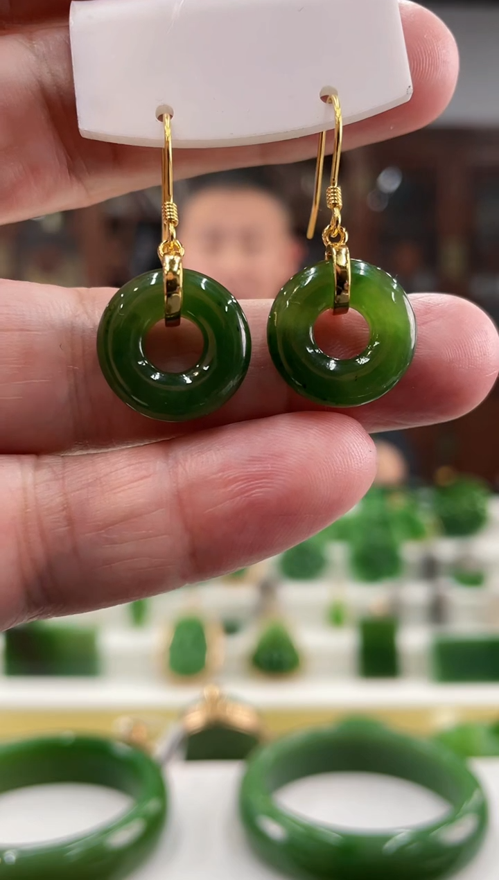 【闪购商品】和田玉耳钩银S925镶嵌金色甜甜圈耳钩