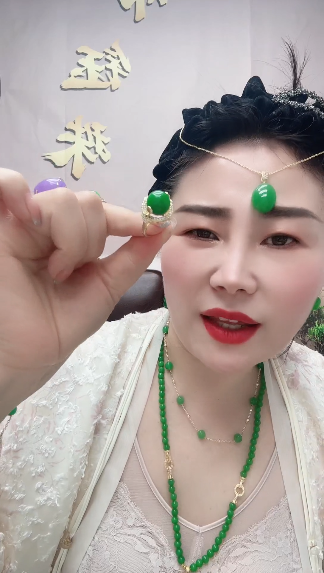 翡翠戒指14K金镶嵌绿色转转戒指