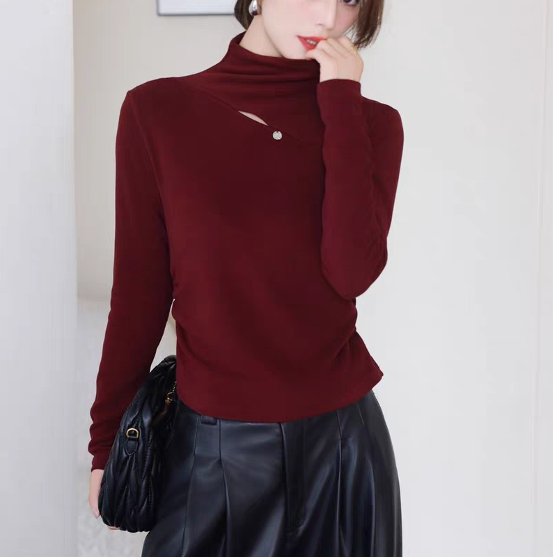 B663半高领长袖T恤打底衫修身纯色秋冬新款百搭内搭B9