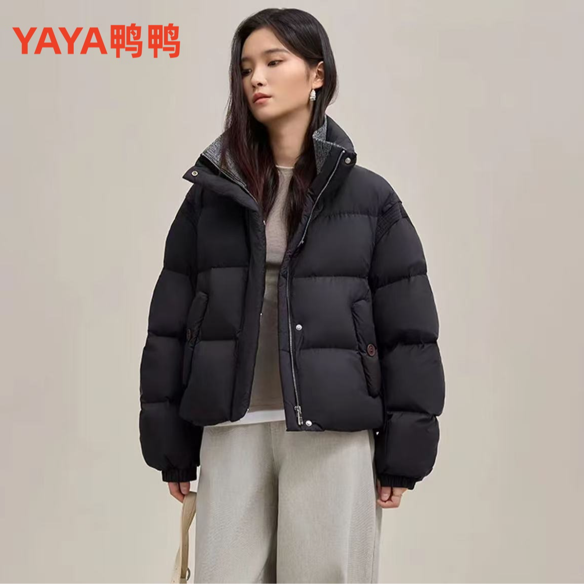 YAYA/鸭鸭短款羽绒服女2025冬季90绒加厚防寒立领外套YE4B620485L