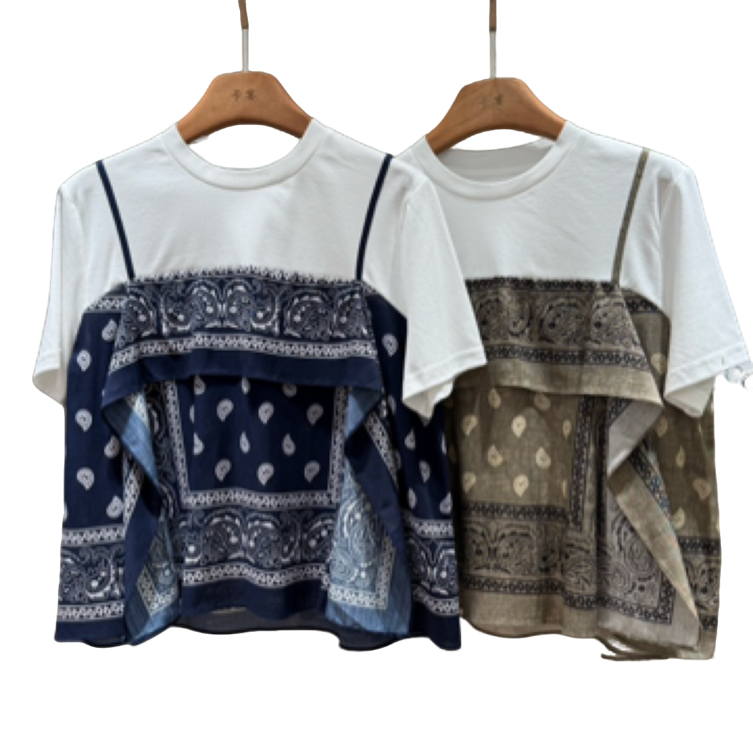 夏季新款印花假两件麻衫短袖T恤（米亚）
