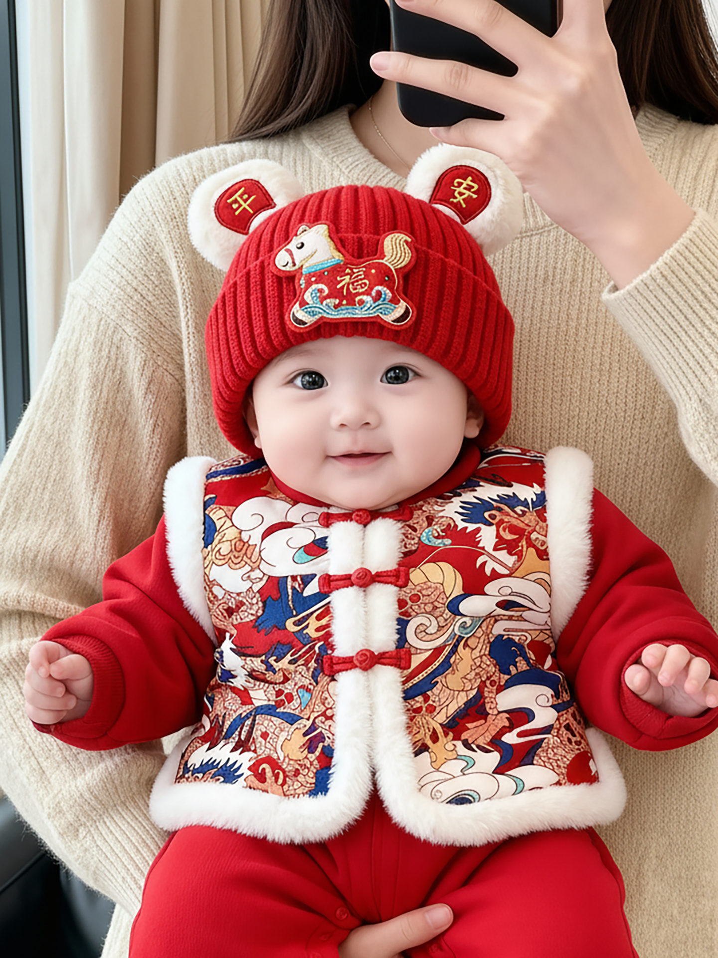 宝宝红色新年帽子秋冬季保暖加厚针织毛线帽男婴女儿童喜庆套头帽