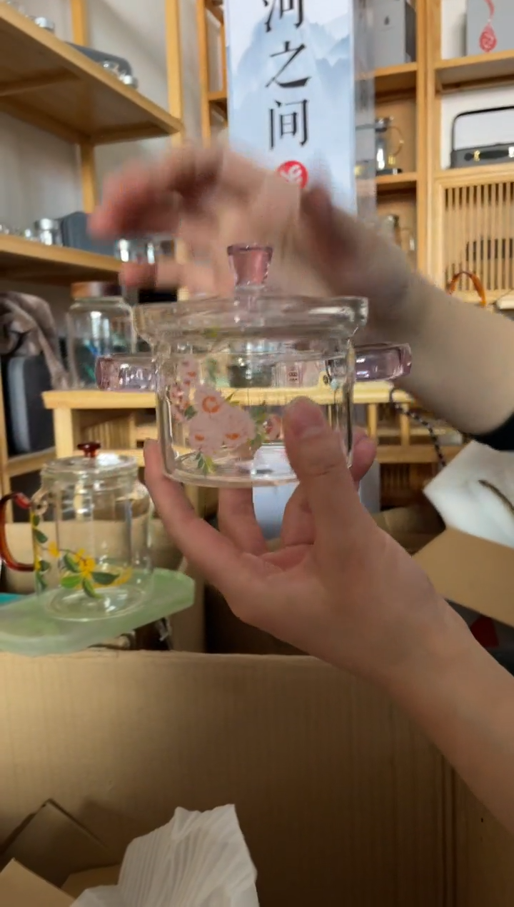 手工艺品玻璃炖盅小粉把桃花