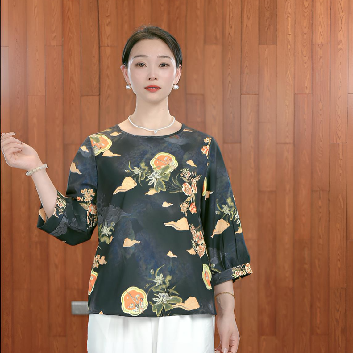 638妈妈装气质印花上衣新款宽松国风时尚七分袖t恤小衫