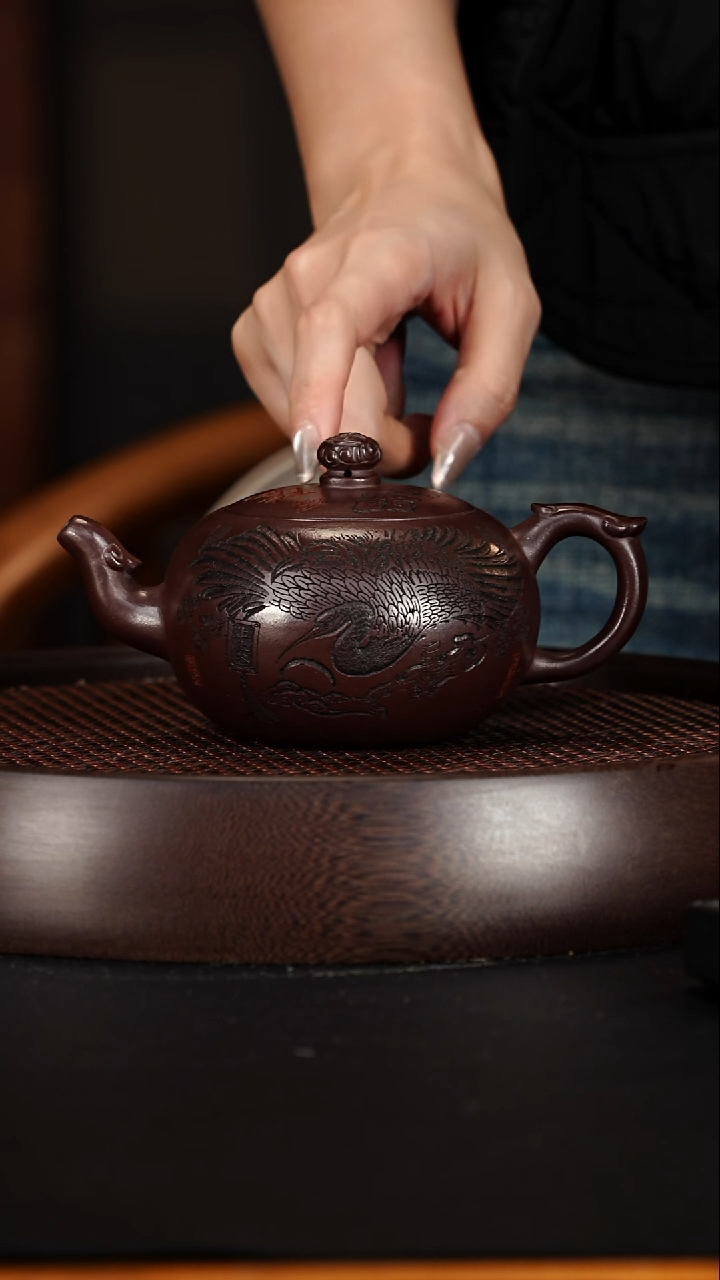 茶壶紫砂宜兴紫砂壶深井紫茄泥一粒珠300cc