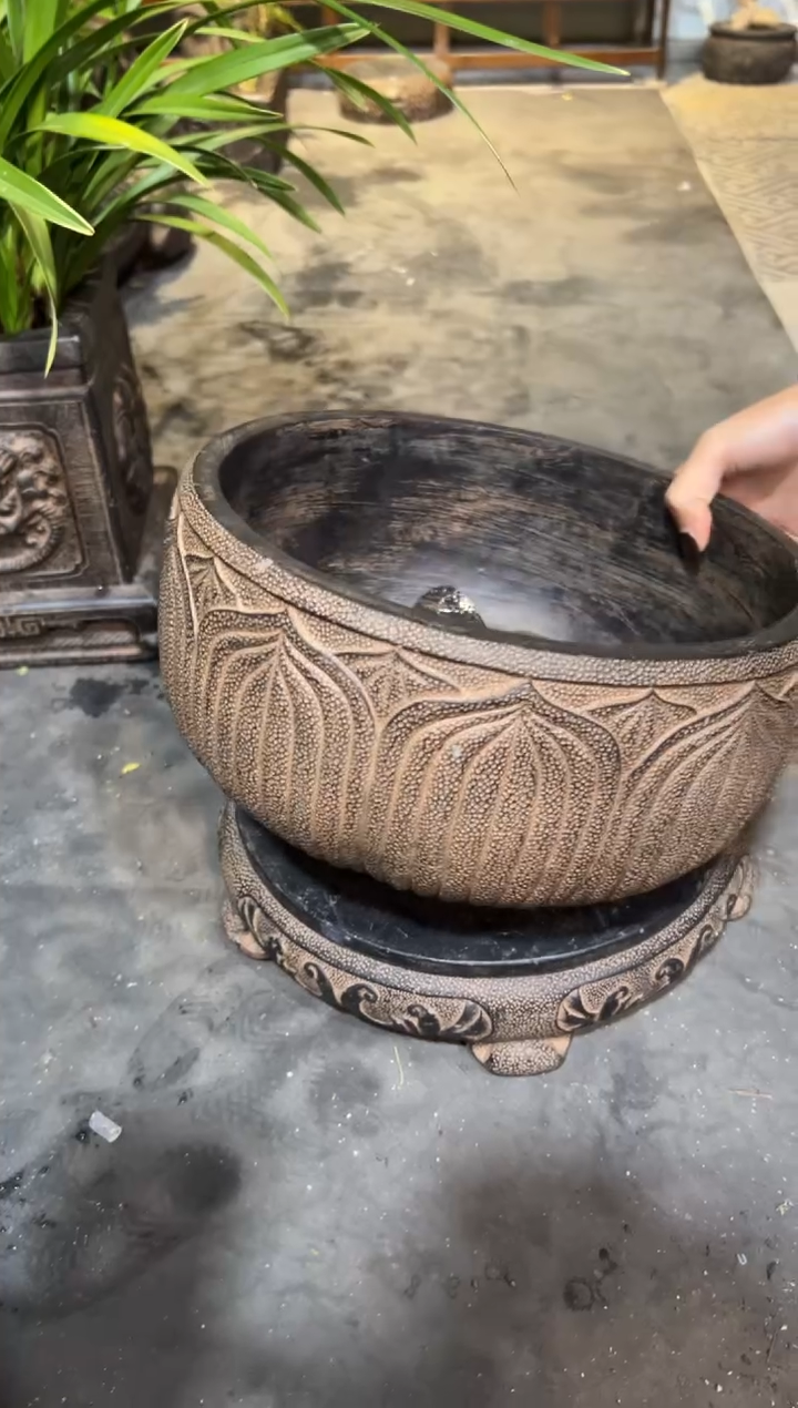 陶土莲韵盆+素面万寿藤圆大底座