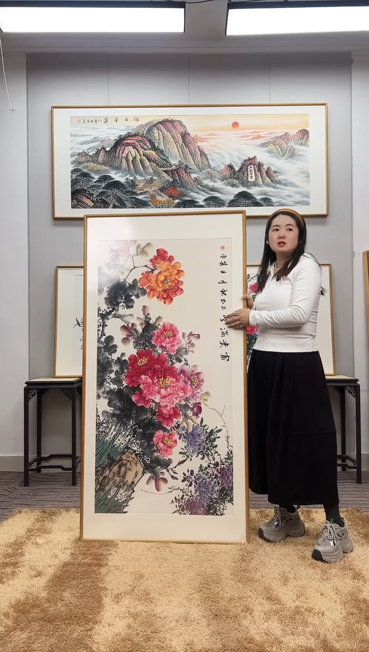 国画手绘牡丹162*82尺寸