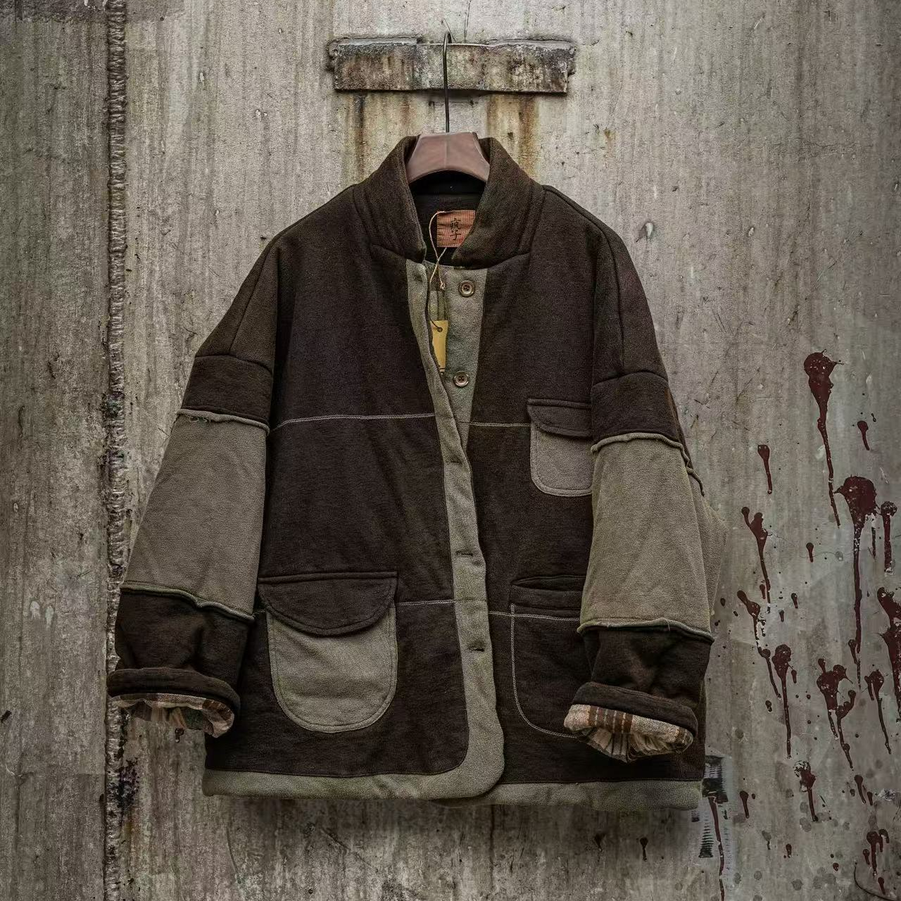 08408疯子张冬季新款撞色拼接宽松保暖棉衣个性大口袋百搭棉服