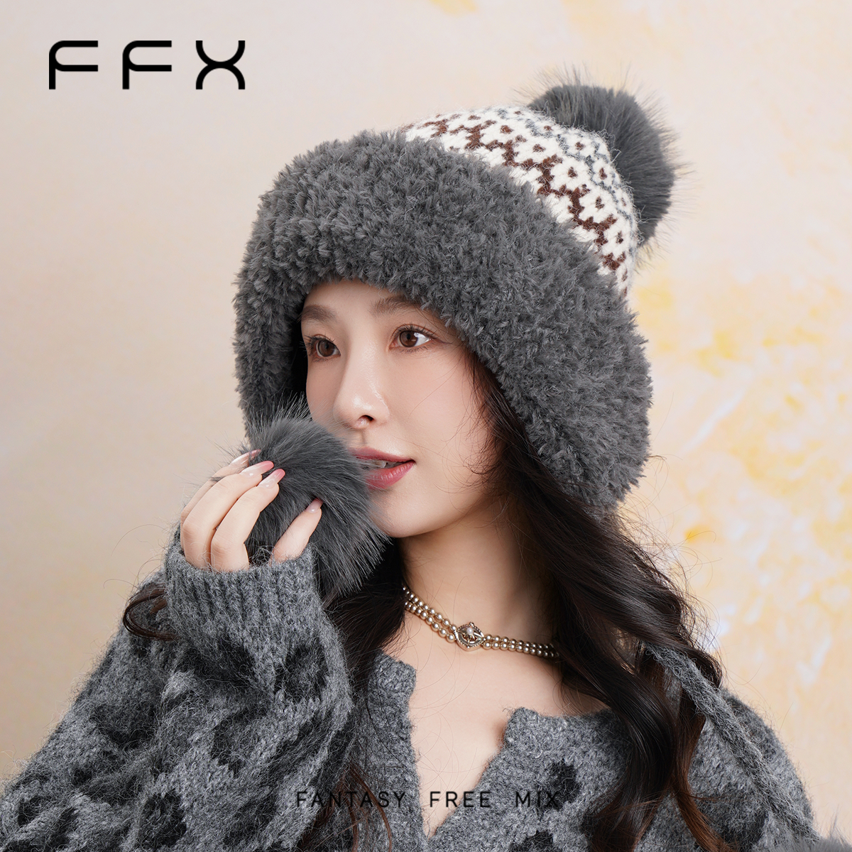 FFX弗弗西【费尔岛童话】高级环保毛球费尔岛针织帽保暖毛线帽