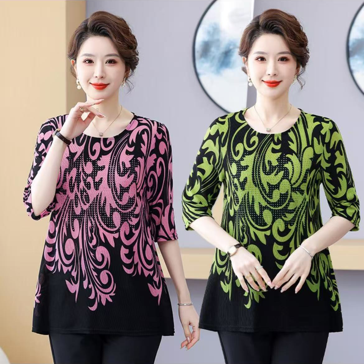 妈妈装冰丝打底衫中袖宽松垂感女士上衣百搭夏季小衫