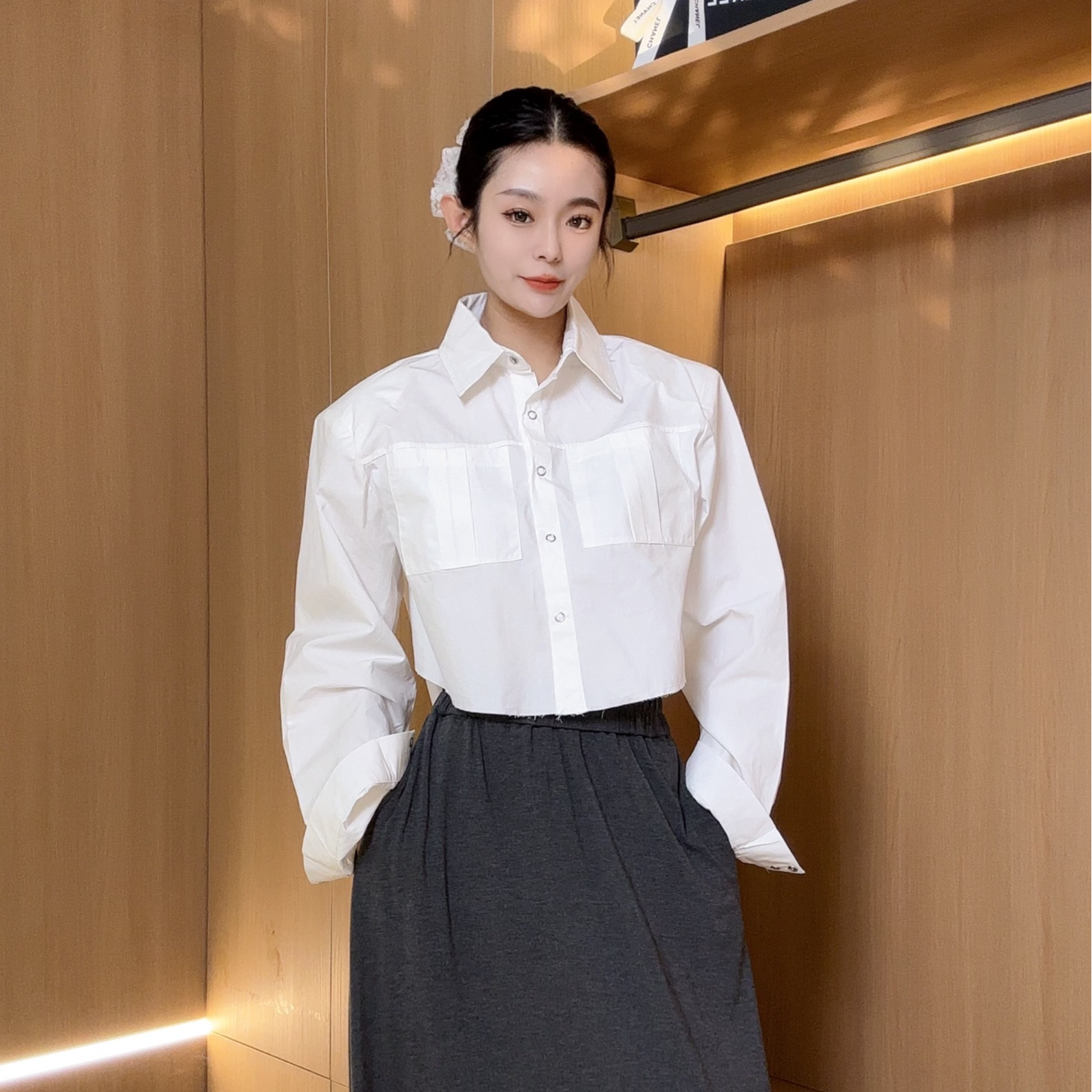 6057十三行高级感显瘦气质垫肩衬衫