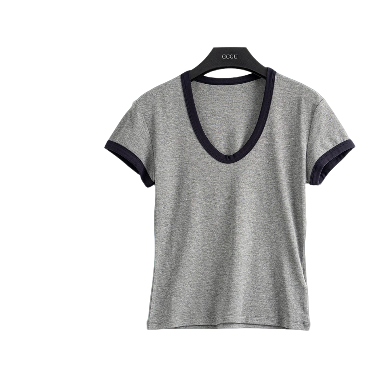 南油小众设计师新品V领拼接灰短袖T恤
