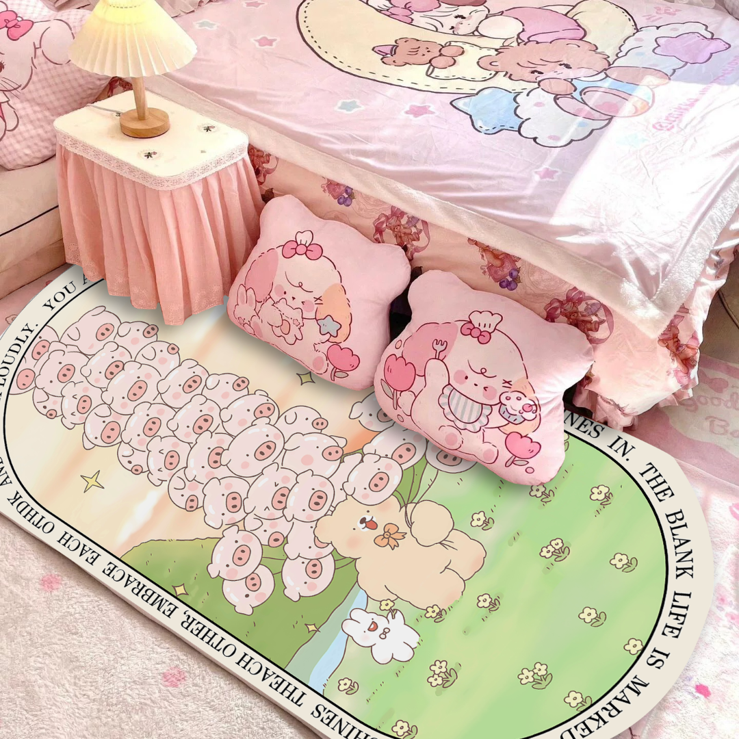 买买熊百搭卡通地毯卧室床边毯加厚仿羊绒地垫儿童房床边小熊牵猪