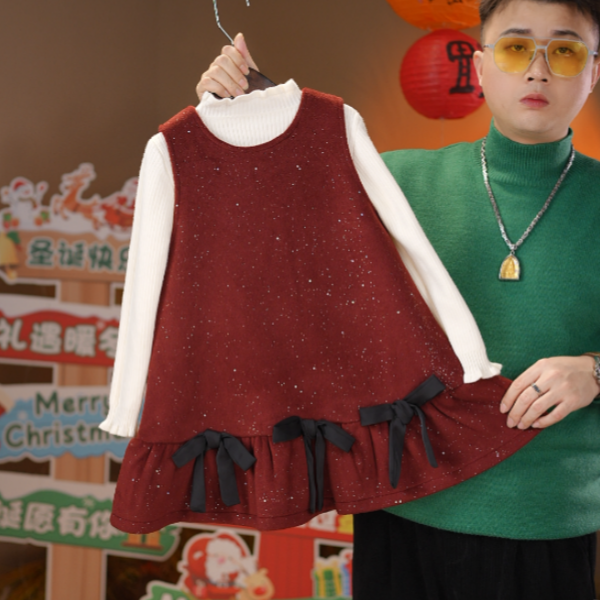 2025冬季新品女童加绒加厚JY21裙白色打底衫两件套