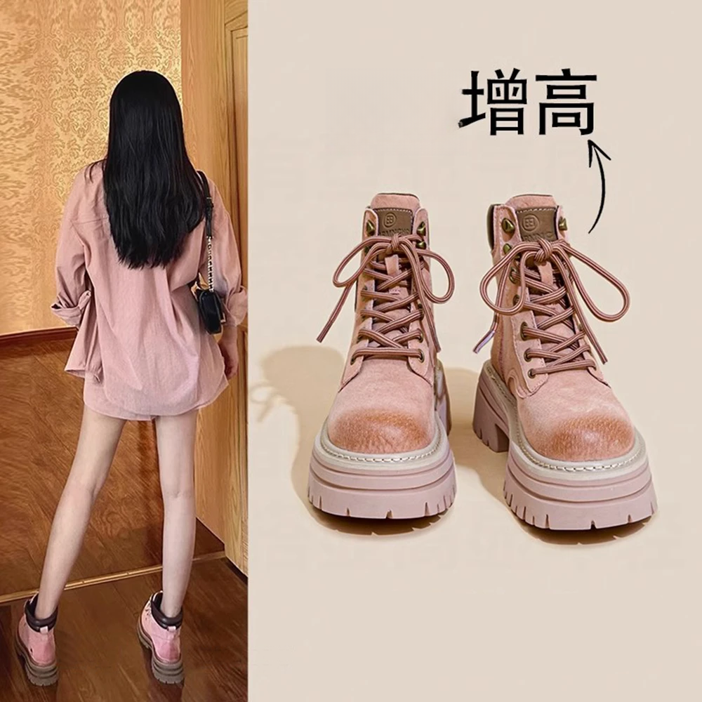 粉色马丁靴女款2025春秋新款爆款小个子增高短筒靴子户外工装靴