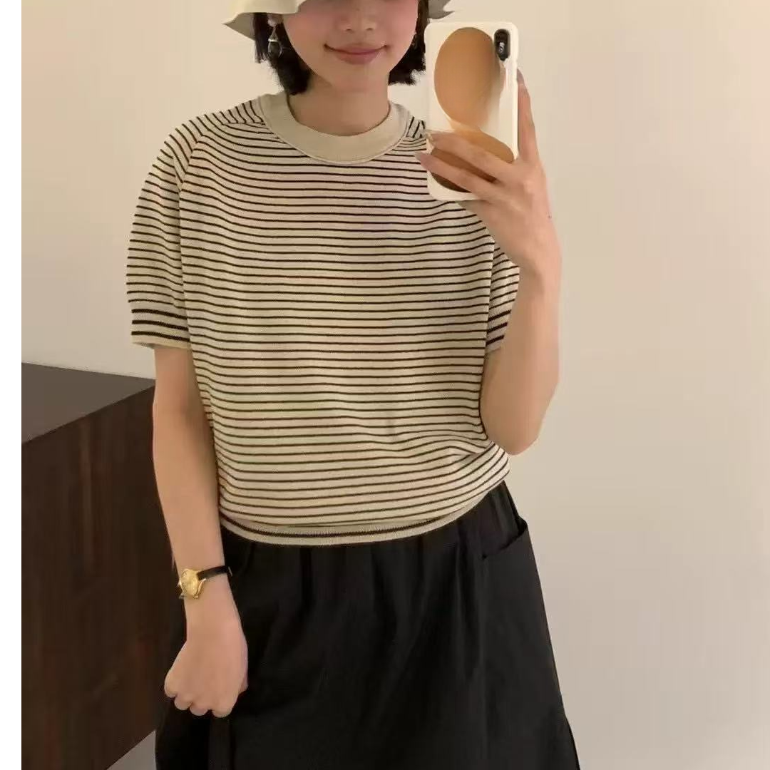 EGG东大门25年夏季圆领减龄百搭条纹短袖T