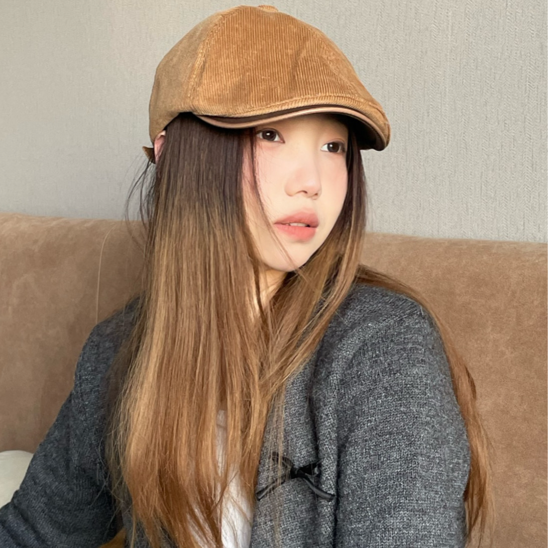 灯芯绒秋冬复古时尚百搭皮质帽檐文艺六角帽前进帽南瓜帽男女同款