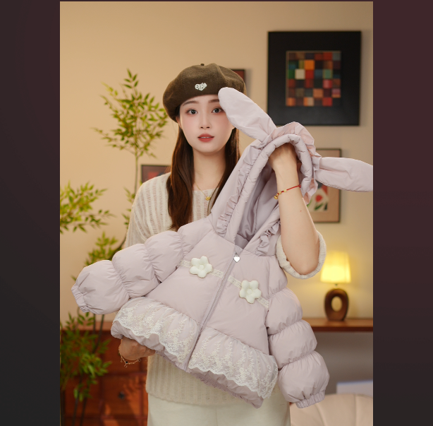 【YN童品】女童羽绒服冬季新款加厚保暖蕾丝花边小兔子设计师甜美款