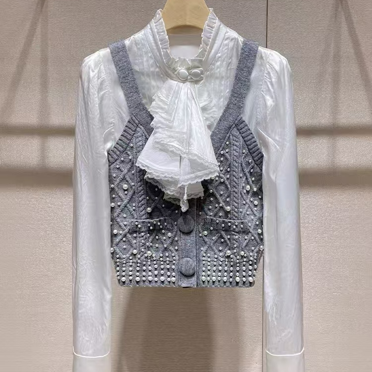 ojerya设计感假两件上衣女2025秋新款富家千金毛织拼接学院风衬衫