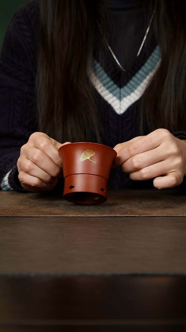 茶杯紫砂杯研所  莲台杯-金绘杏叶-小煤窑朱泥AS-375