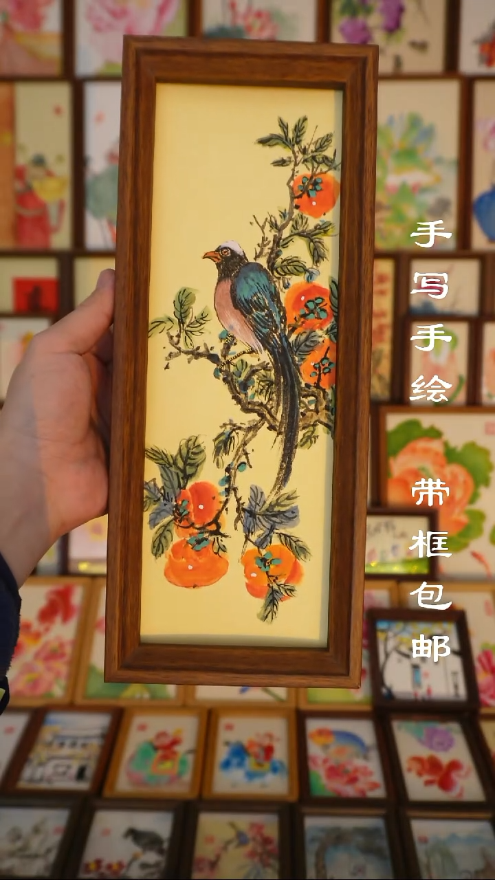 12*32写意柿子大胖喜鹊